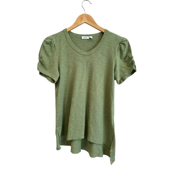 NEW Wilt Cotton Short Ruched Sleeve Asymmetrical Round V Neck Heather Green Tee - Picture 1 of 6